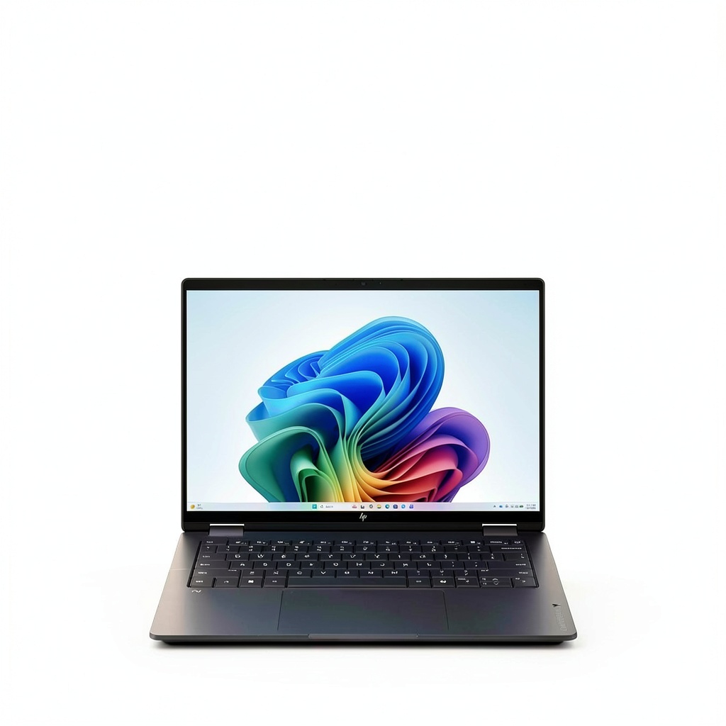 HP OmniBook X Flip laptop displaying high-resolution graphics on its 14-inch 2K touchscreen