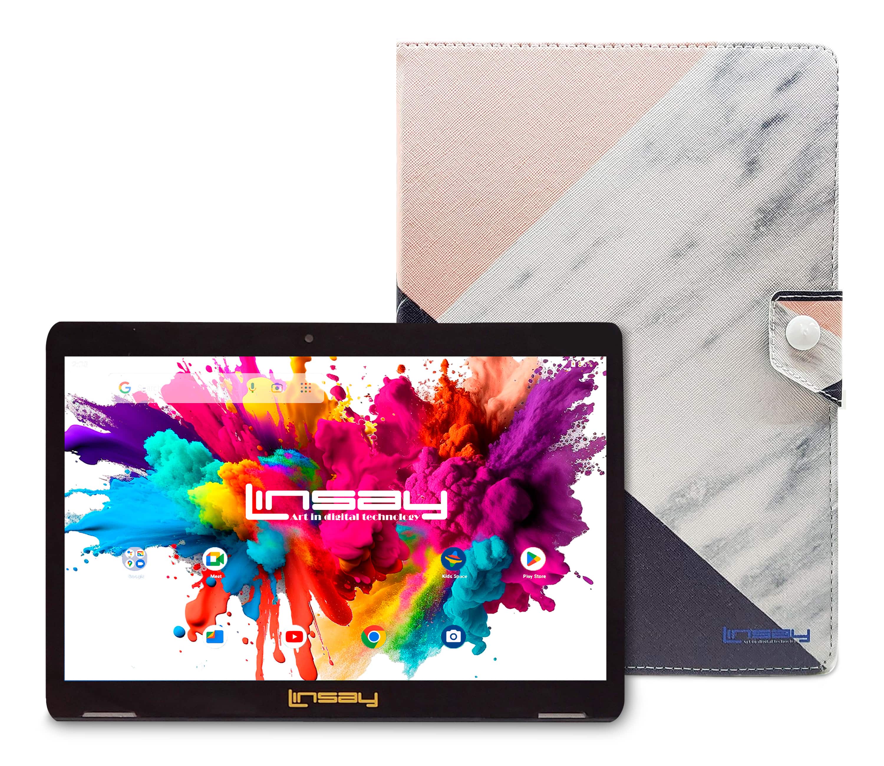 LINSAY tablet displaying home screen with apps and pink white marble case