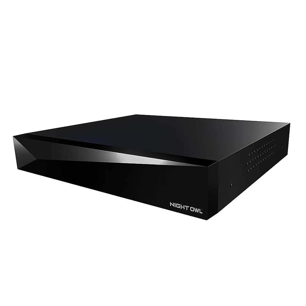 Night Owl 12 Channel DVR Security System installed on wooden desk with cameras visible