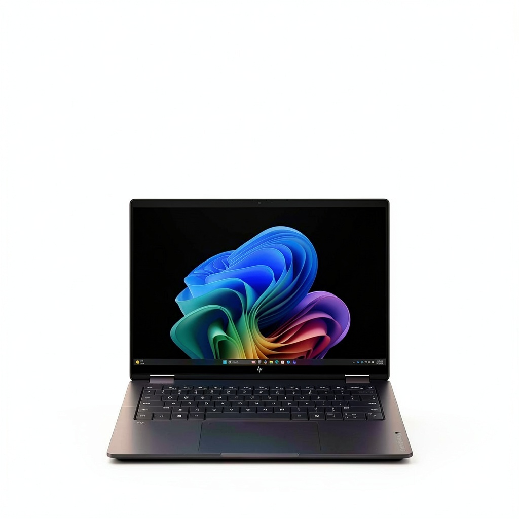 HP OmniBook X Flip laptop displaying a creative workspace on its OLED screen