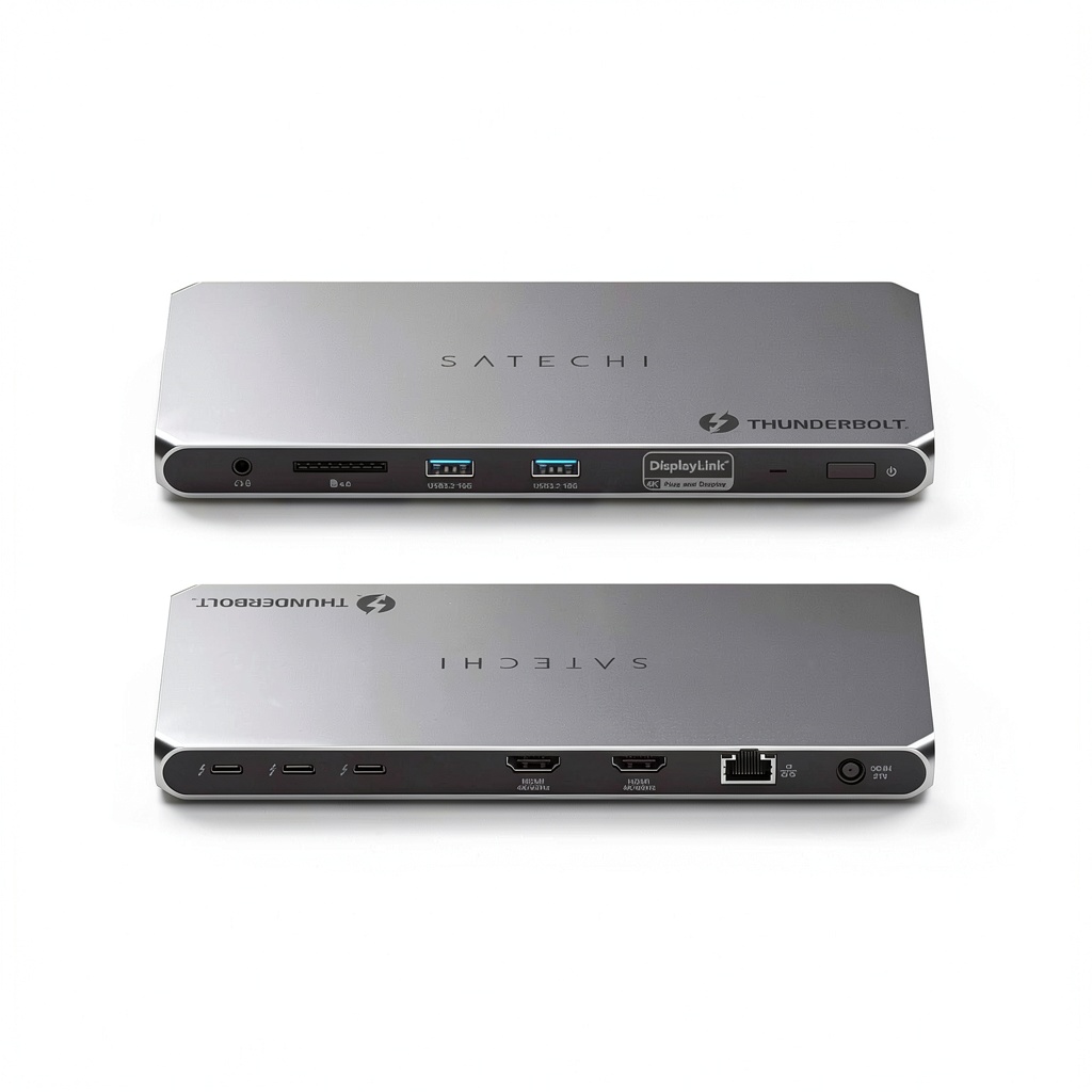 Satechi Thunderbolt 4 Dock Multi Display 40Gbps Data connected to multiple monitors and peripherals on modern desk