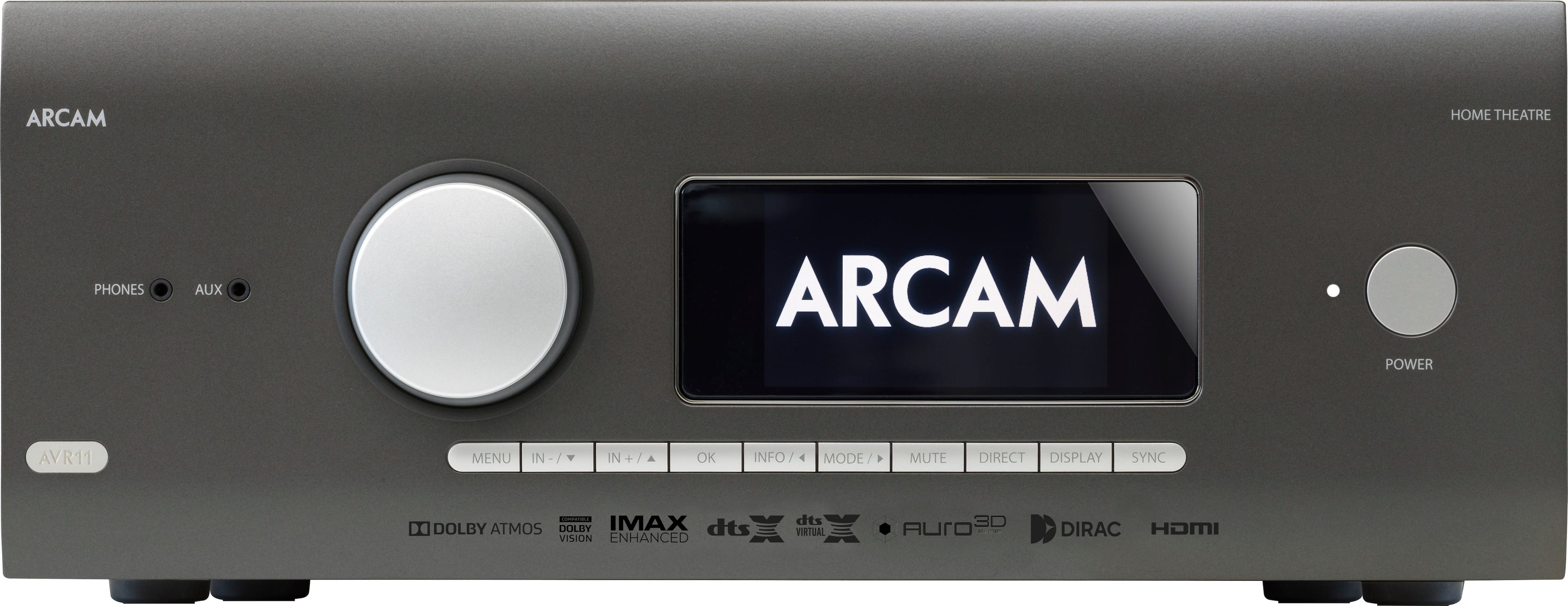 Arcam AVR11 receiver installed in a sleek home theater cabinet