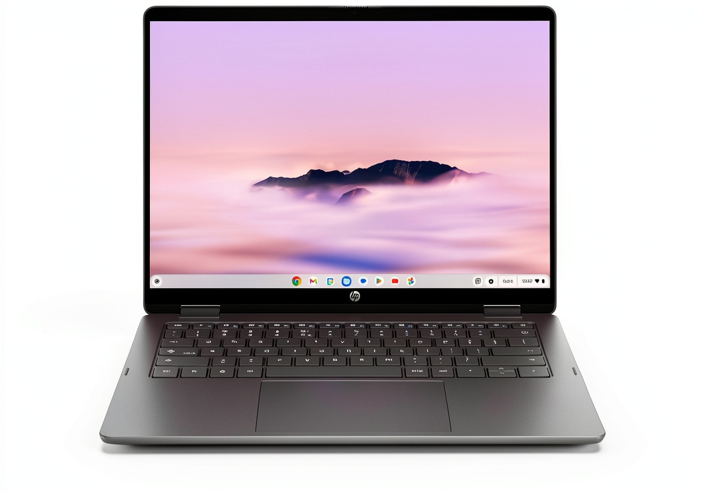 HP Chromebook Plus 14-inch laptop displaying a vibrant 2K touchscreen interface