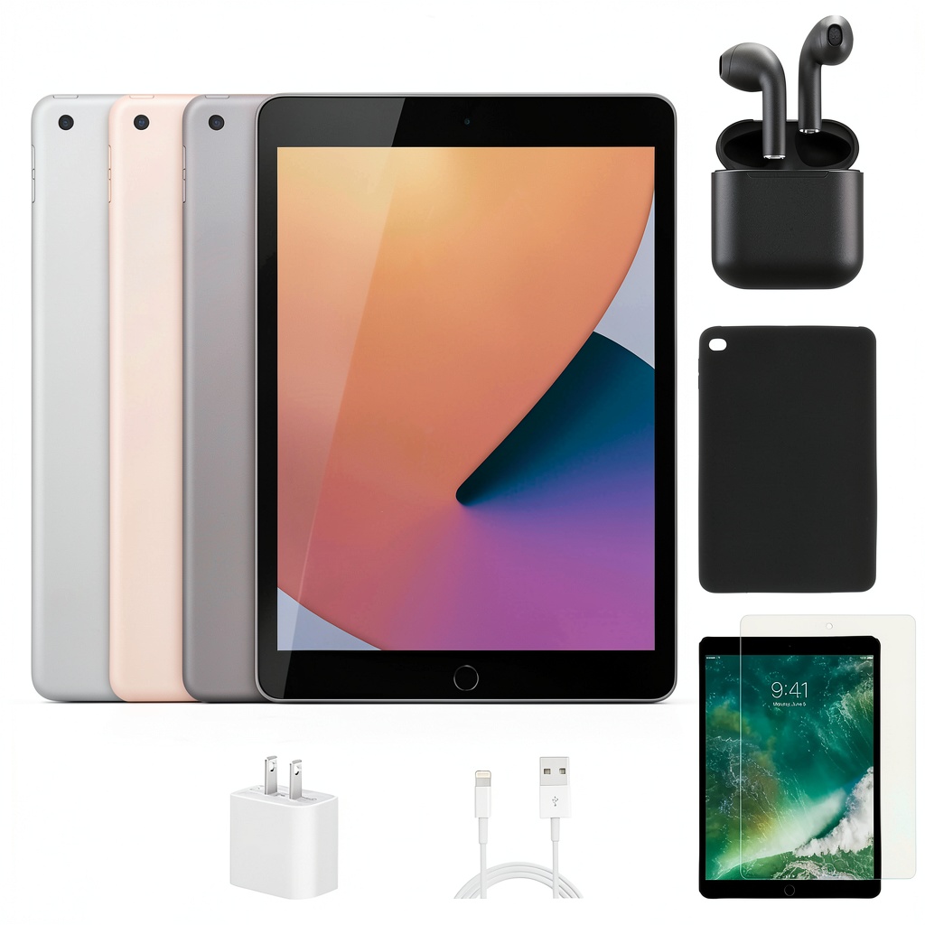 Apple iPad 8th Gen Silver tablet with accessories on a desk