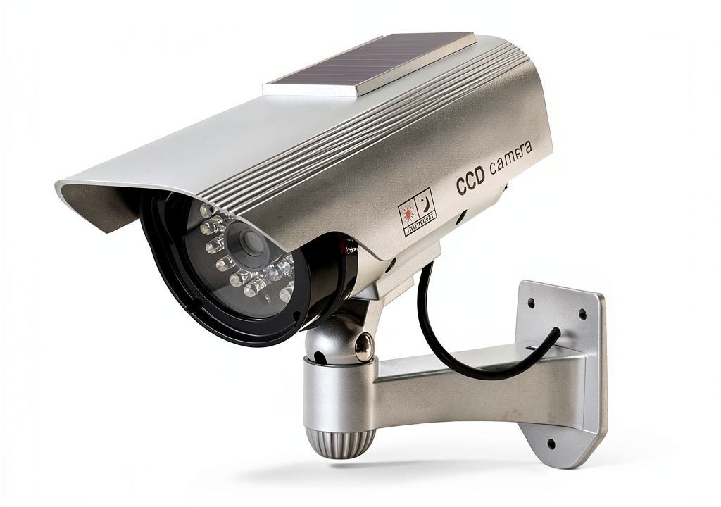 SPT Solar Decoy Security Camera mounted on an exterior wall