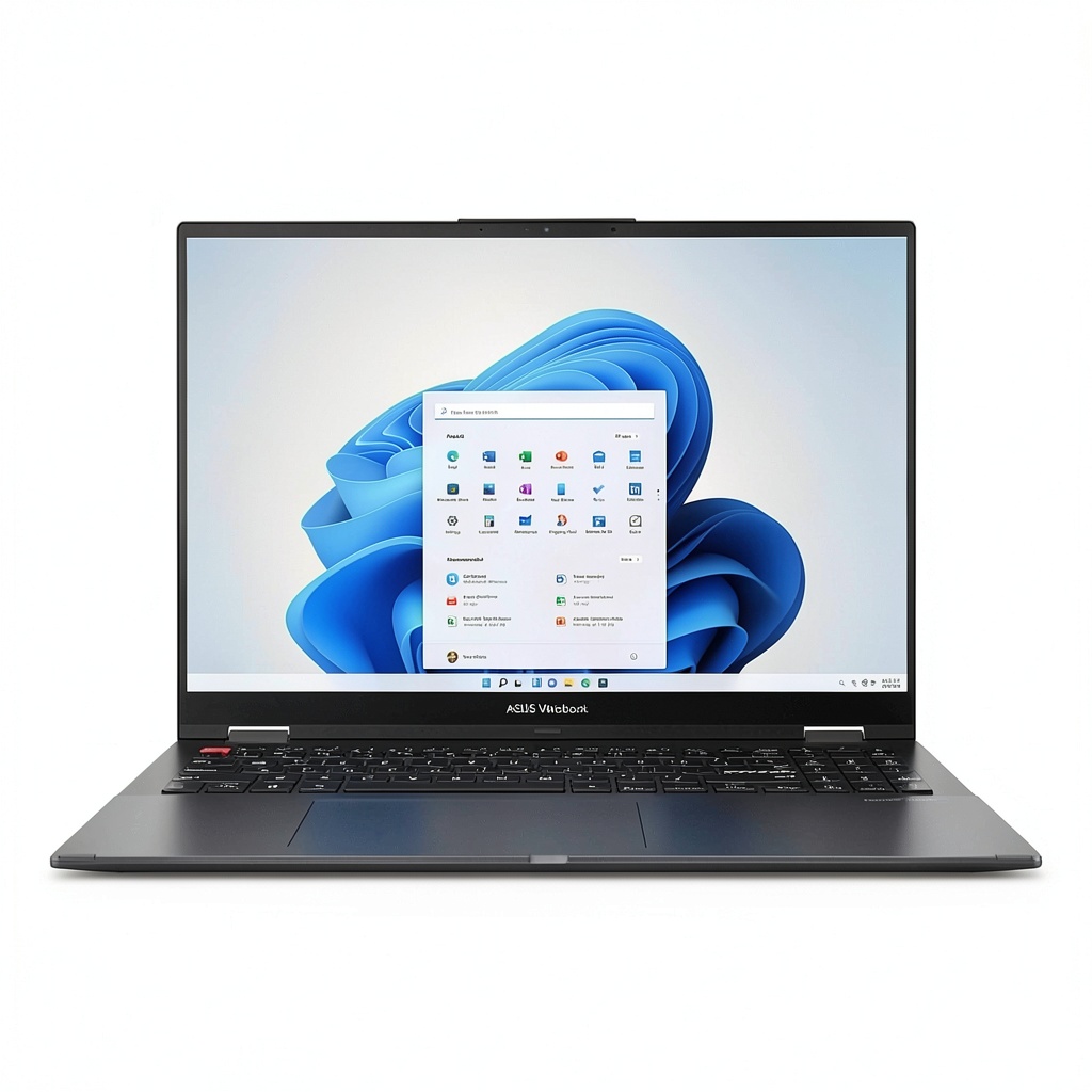 ASUS Vivobook S 16 Flip laptop displaying Windows 11 interface on a desk