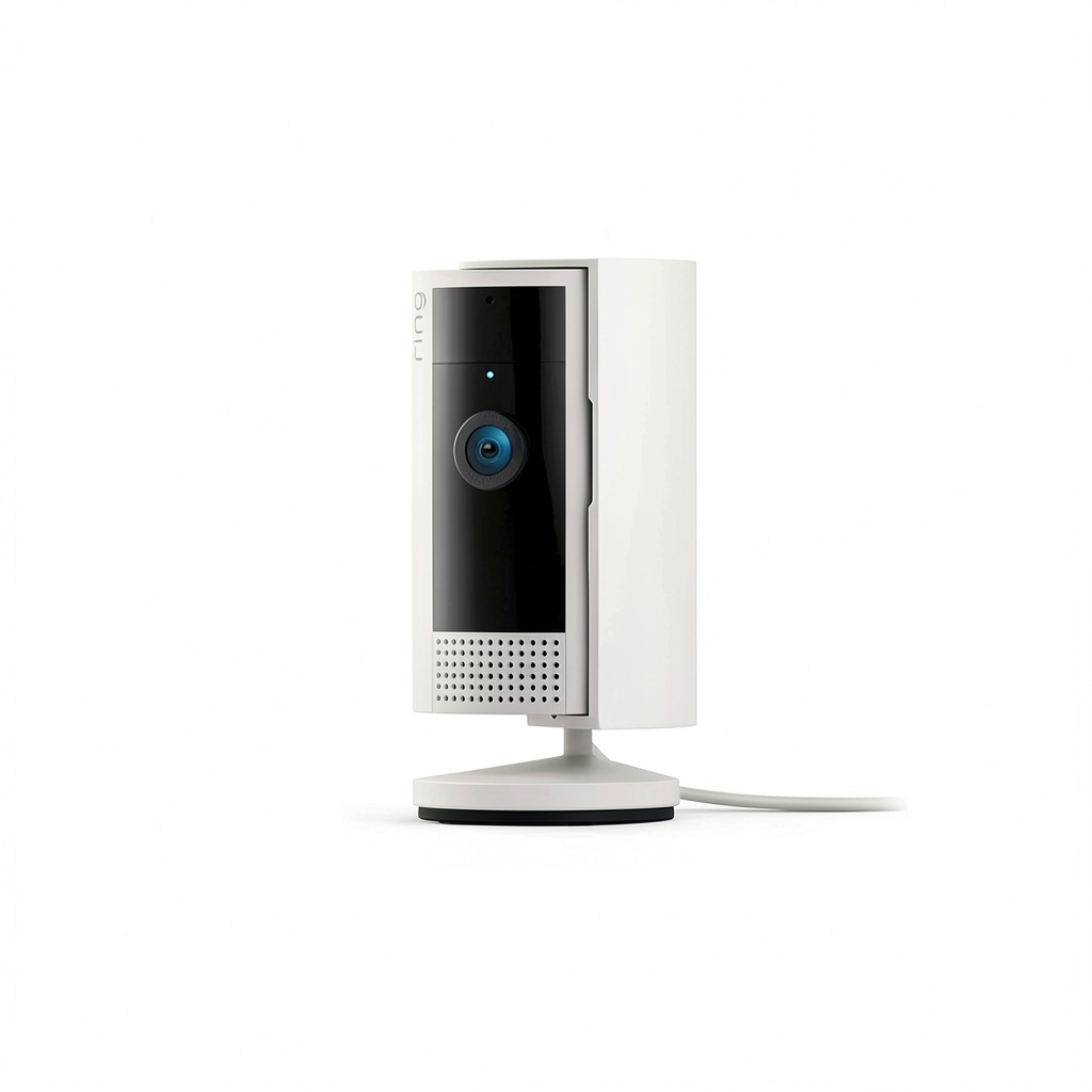 Ring Indoor Camera mounted on a wall with privacy cover open