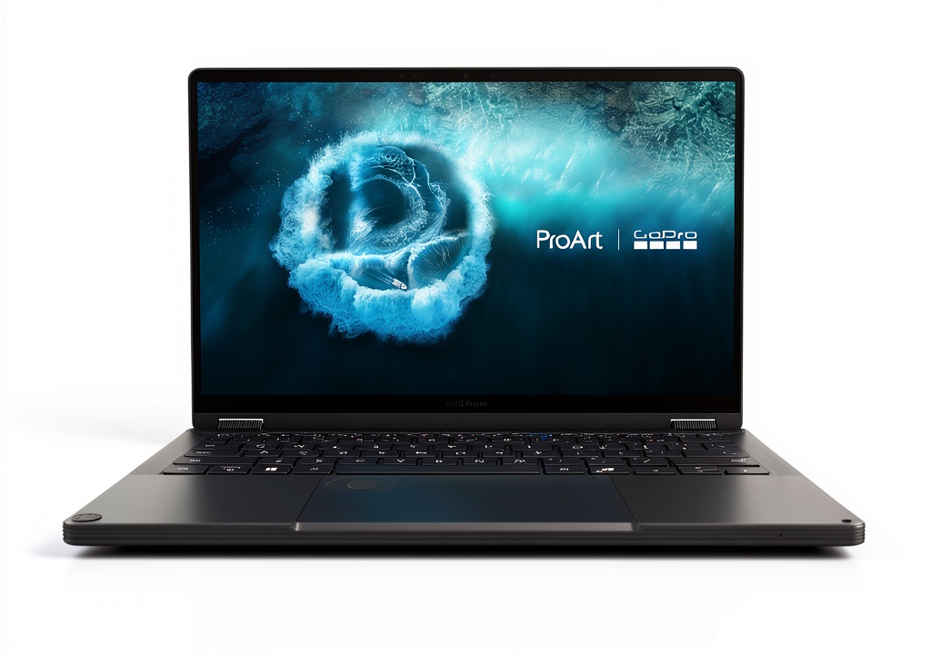 ASUS ProArt GoPro Edition laptop showing OLED screen and convertible design