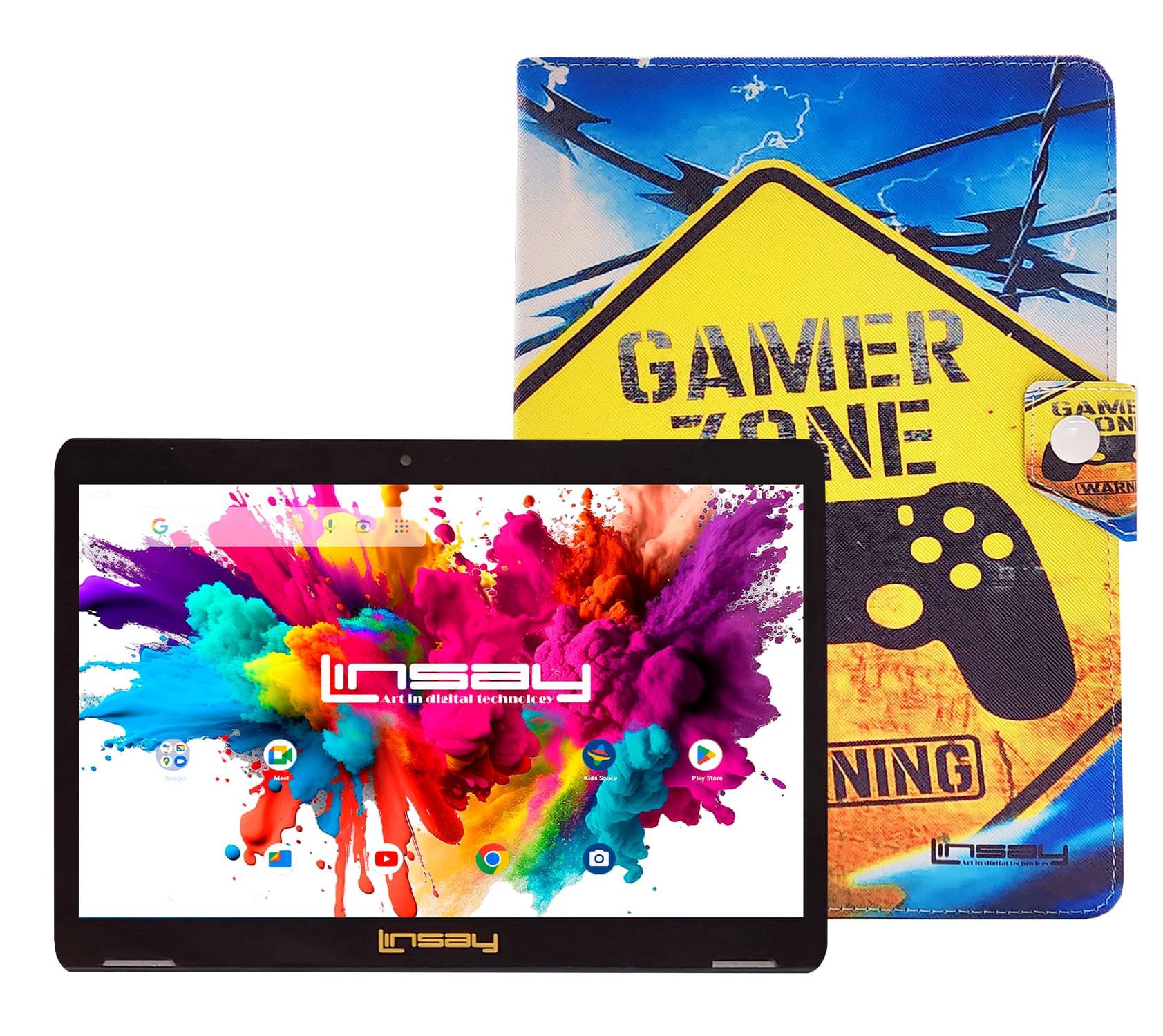 LINSAY 10.1-inch tablet with yellow gamer case on a desk