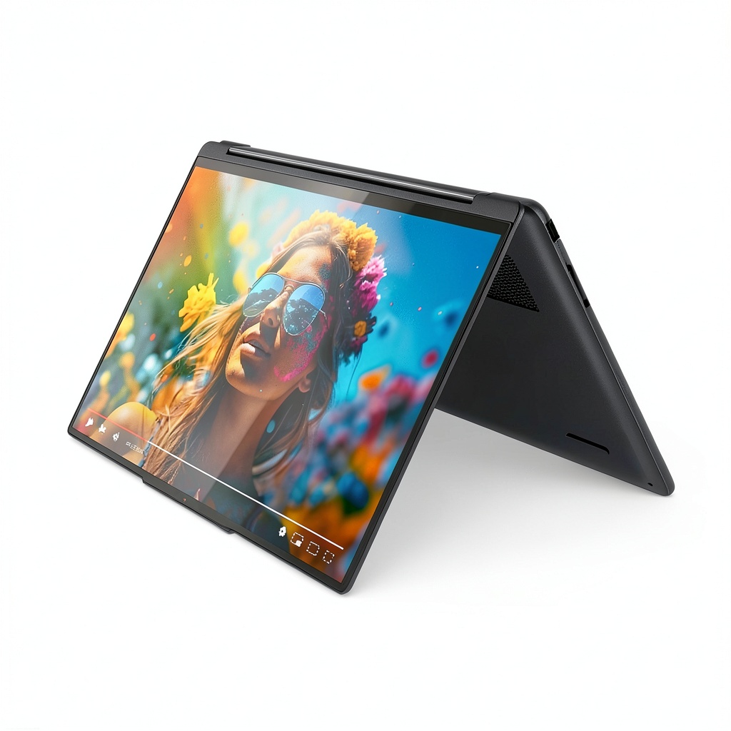 Lenovo Yoga 9 2-in-1 laptop showing its flexible hinge and Cosmic Blue finish