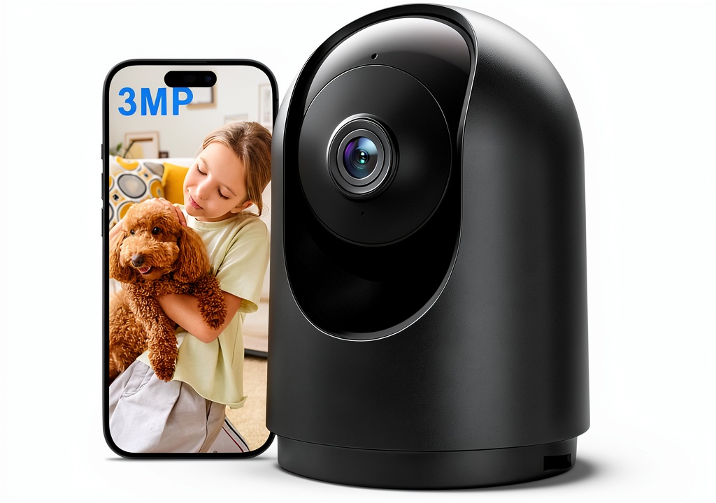 FINEAK Indoor Security Camera mounted on a shelf in a living room