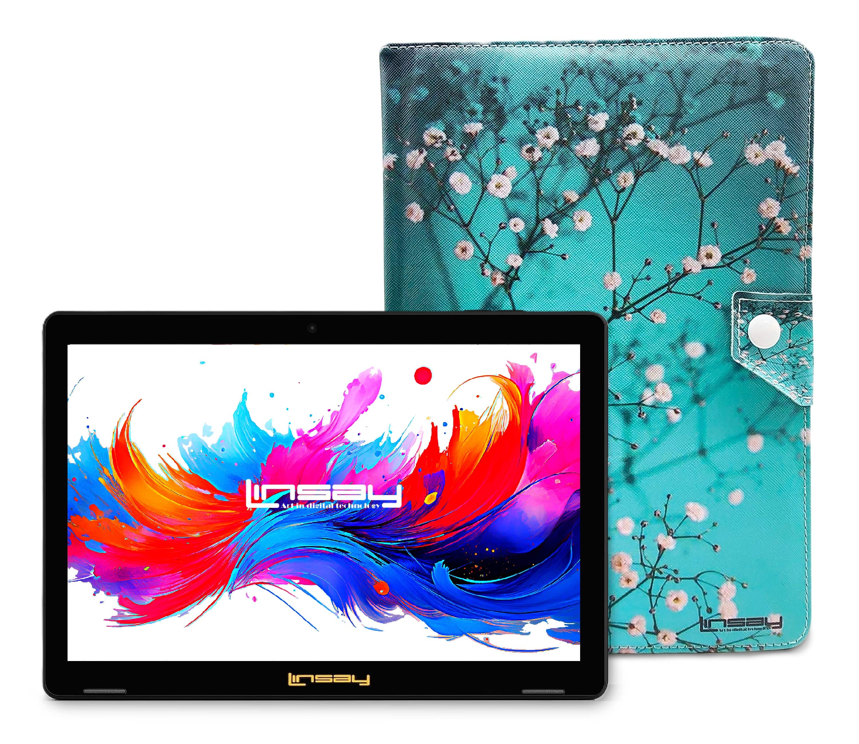 LINSAY 10.1-inch tablet with green marble case on a desk