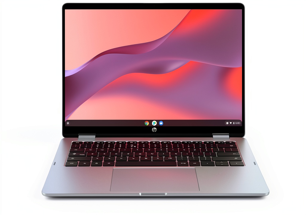 HP Chromebook 14 displaying a colorful interface on its 2K touchscreen
