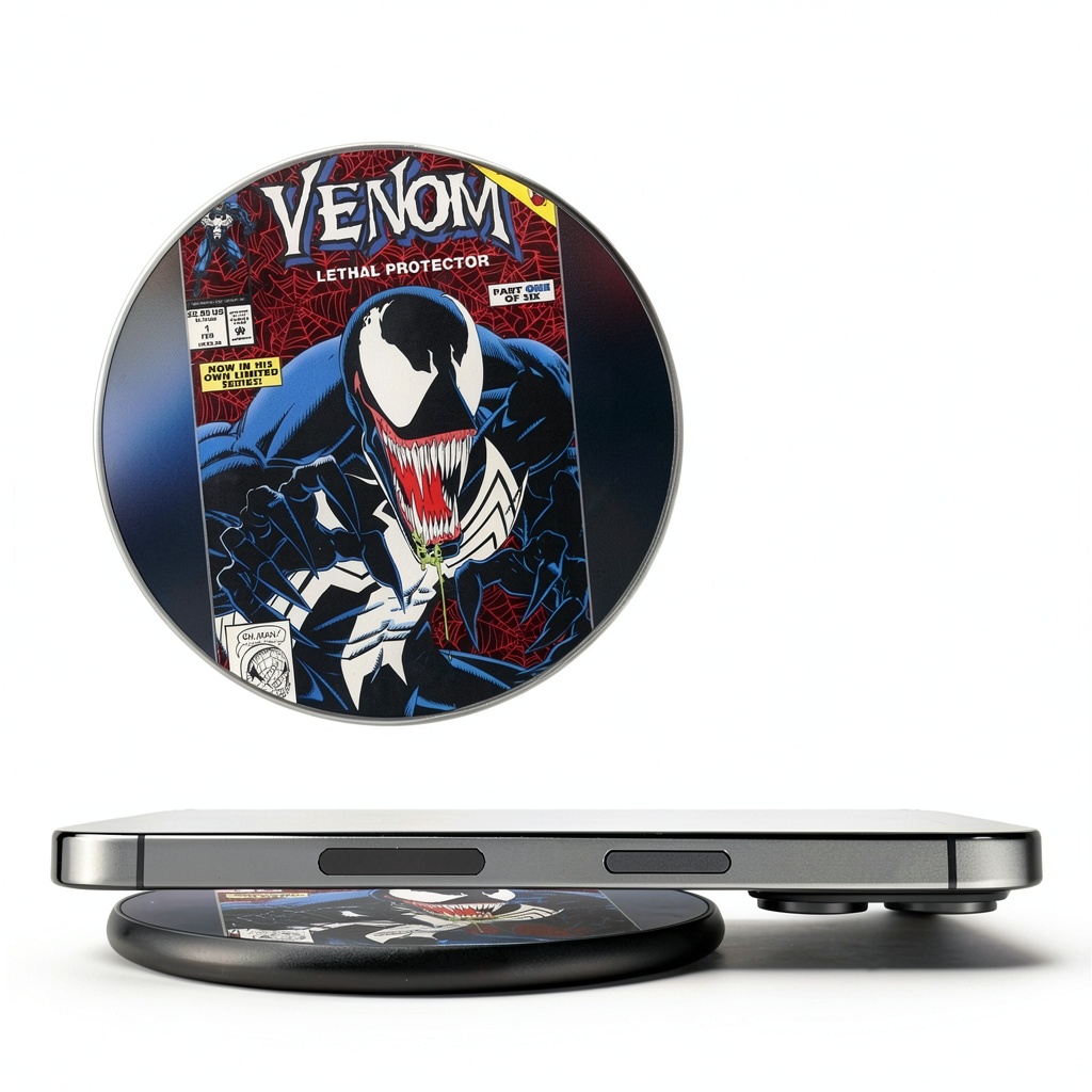 'Keyscaper Marvel Wireless Charger on a nightstand with phone charging'