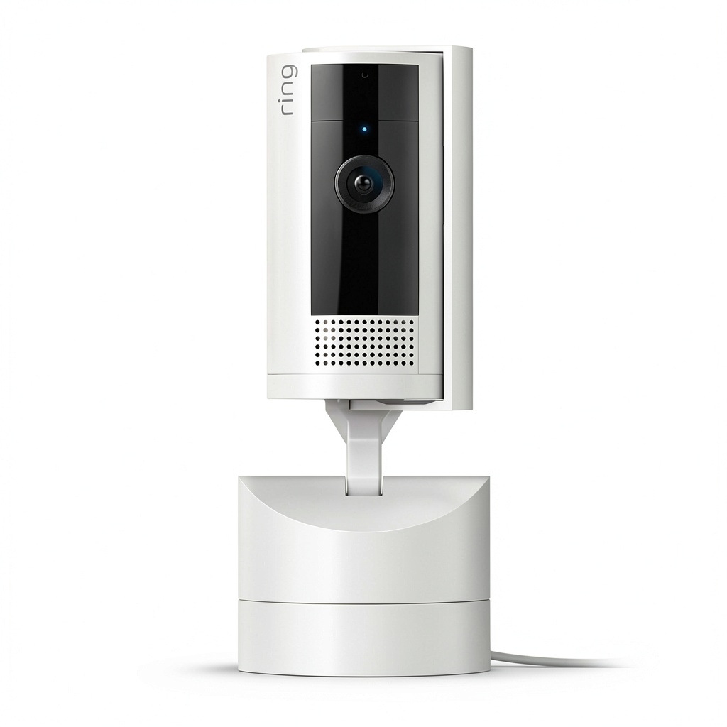 Ring Pan Tilt Indoor Security Cam mounted on a ceiling in a modern living room