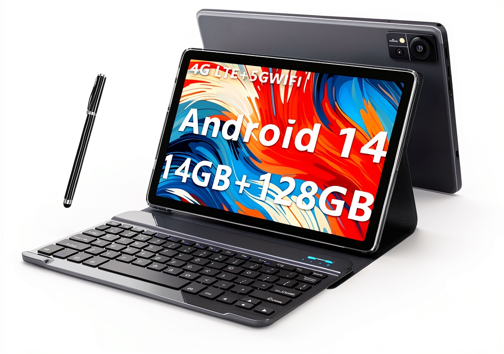 Kimlok Android 14 tablet displaying a multimedia app on its 10-inch screen