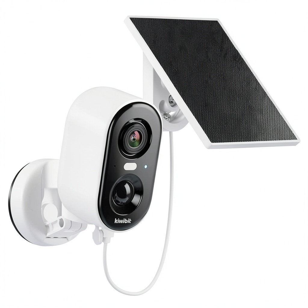Kiwibit solar security camera mounted on an outdoor wall