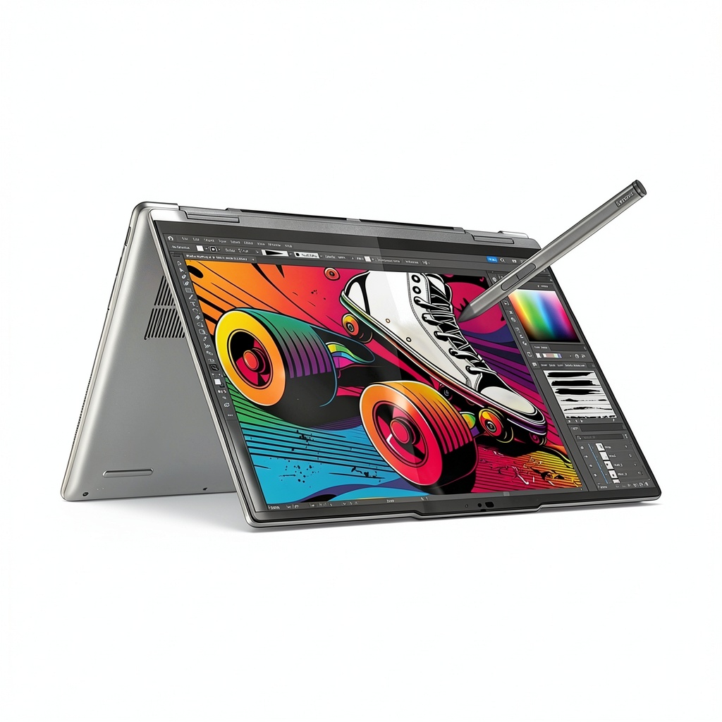 Lenovo Yoga 7 2-in-1 laptop in tent mode on a desk