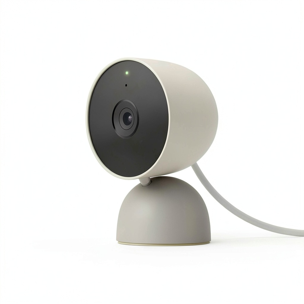 Google Nest Cam Indoor Wired Security Camera mounted on a shelf