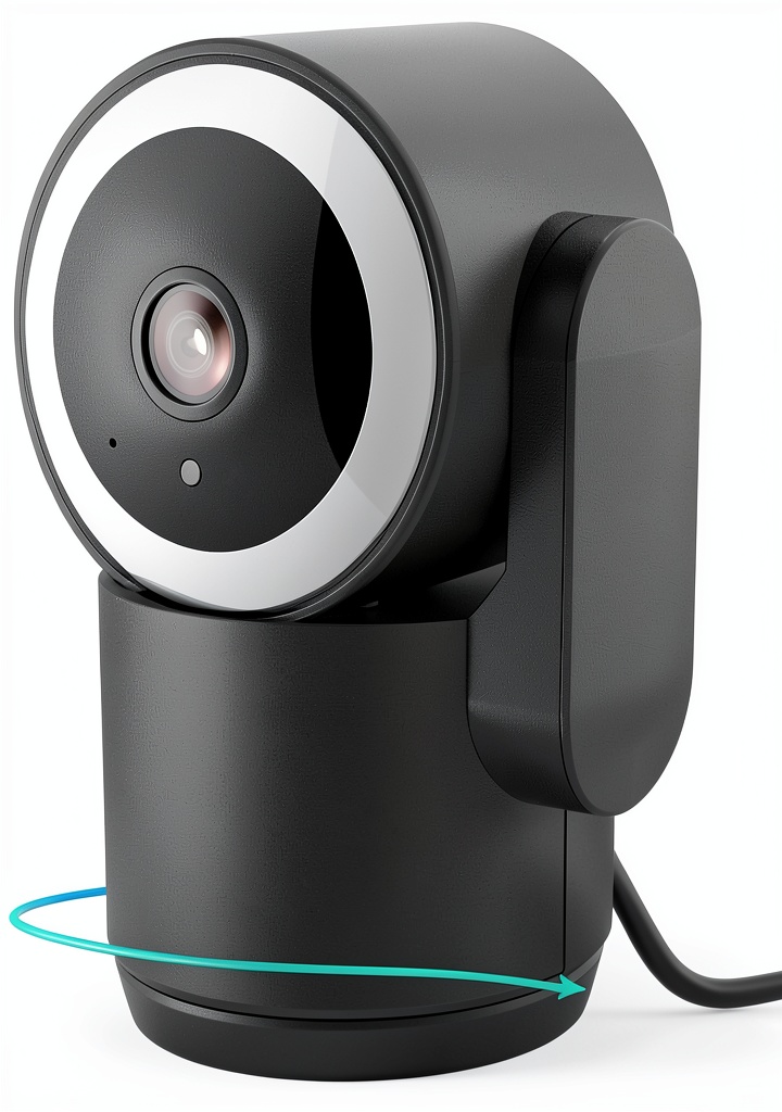 FINEAK 2K indoor camera showing 360-degree view on a shelf