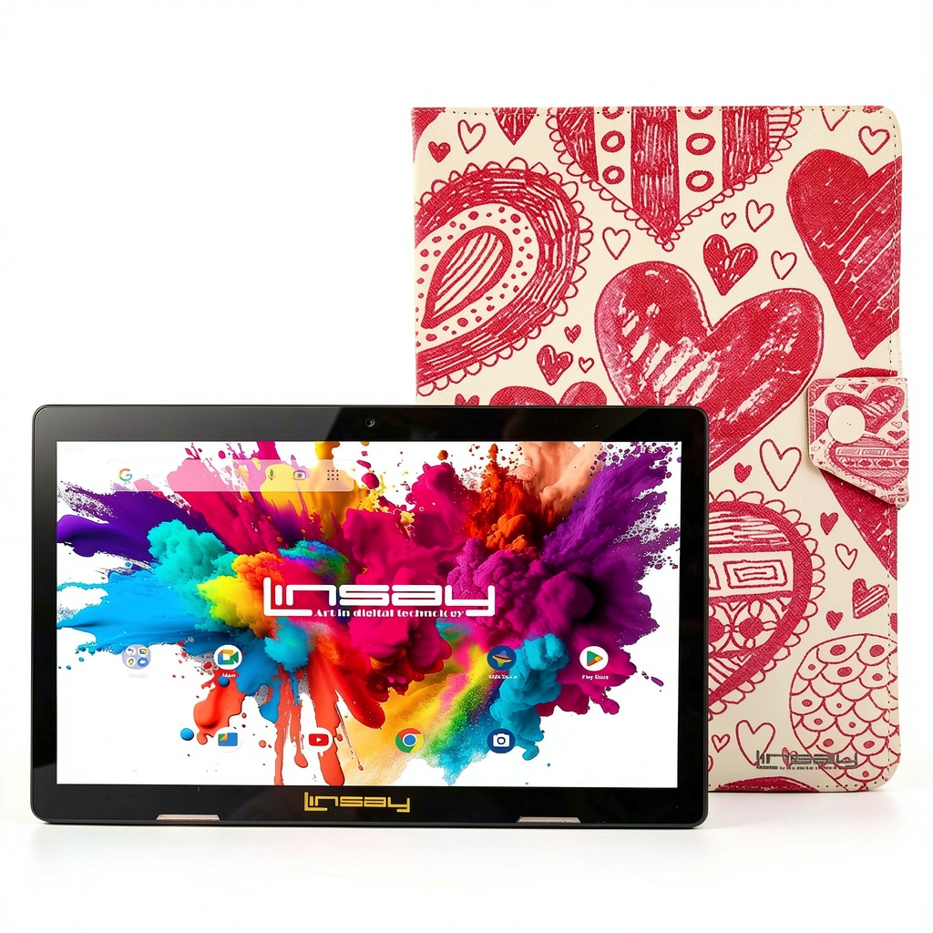 LINSAY 10.1-inch Android 15 tablet with red love-shaped case on a table