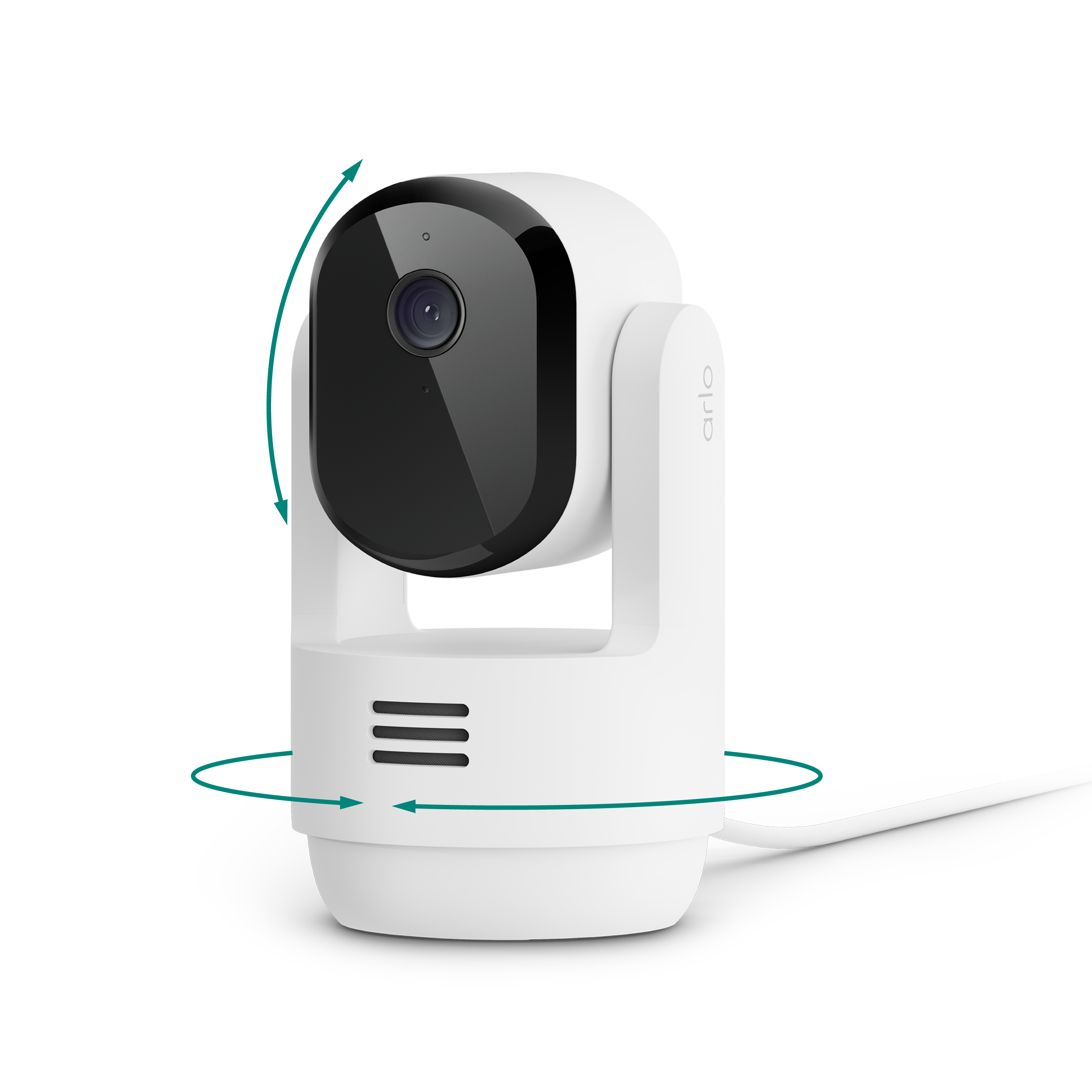 Arlo Essential Indoor Security Camera mounted on a shelf in a living room