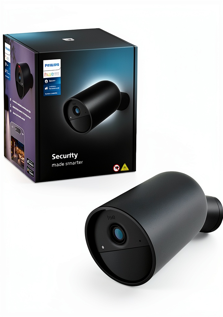 Philips Hue Wireless Security Camera mounted on a wall outdoors